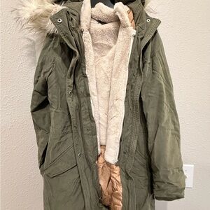 Abercrombie & Fitch Olive Utility Jacket with Faux Fur Trim